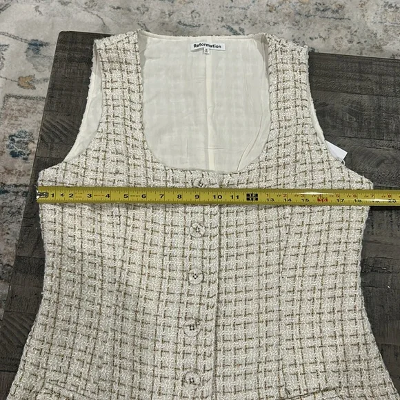 Reformation Jaine tweed gold and pearl tones Mini women Dress size 12